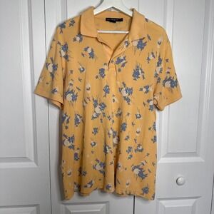 French Connection Yellow Blue Flowery Mens Polo Shirt Size L‎ 100% Cotton